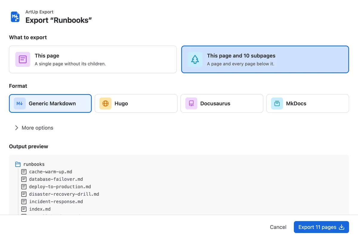 The Export to Markdown dialog opened from a page menu, with “This page and 10 subpages” selected and the four output formats.