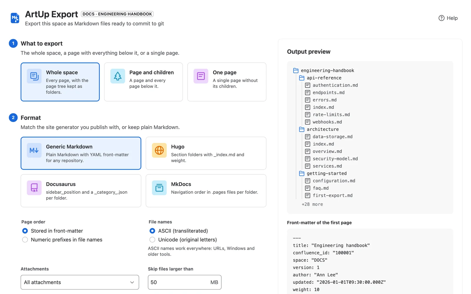 ArtUp Export in a Confluence space: choose what to export, the output format and the mode, with a preview of the files and the front-matter of the first page.