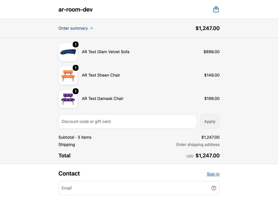 Shopify checkout of a test store after Add all to cart: the sofa and both chairs from the room in one order.